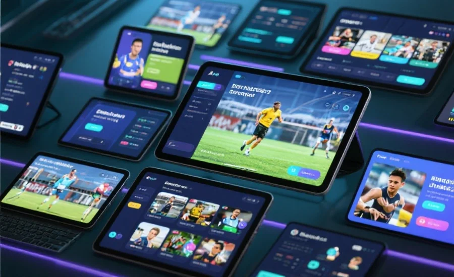 现代化数字体育平台的界面展示，多屏设备上显示丰富的体育内容和互动功能